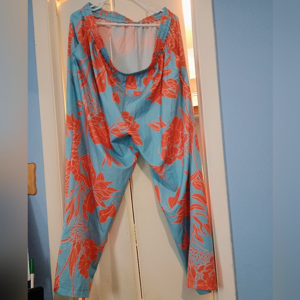 🧡💙 NWOT Floral Print Pants 3X Orange Blue Tropical Vacation Beach Lightweight - Picture 3 of 3